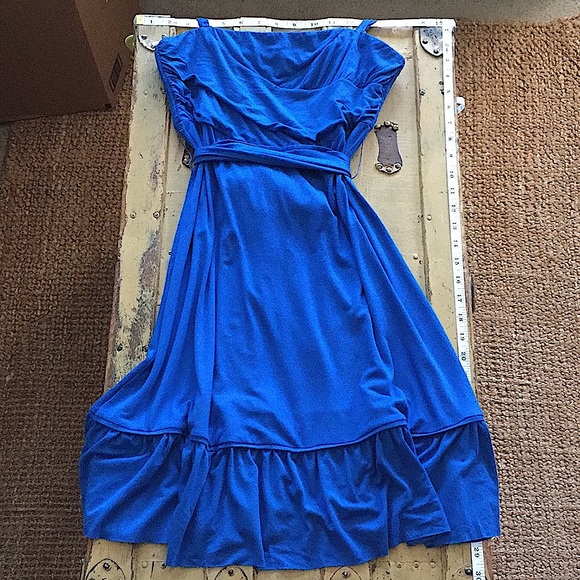 FREE PEOPLE BOHO DRESS STRETCH COBALT BLUE RUFFLE SUN DRESS S - Picture 2 of 8